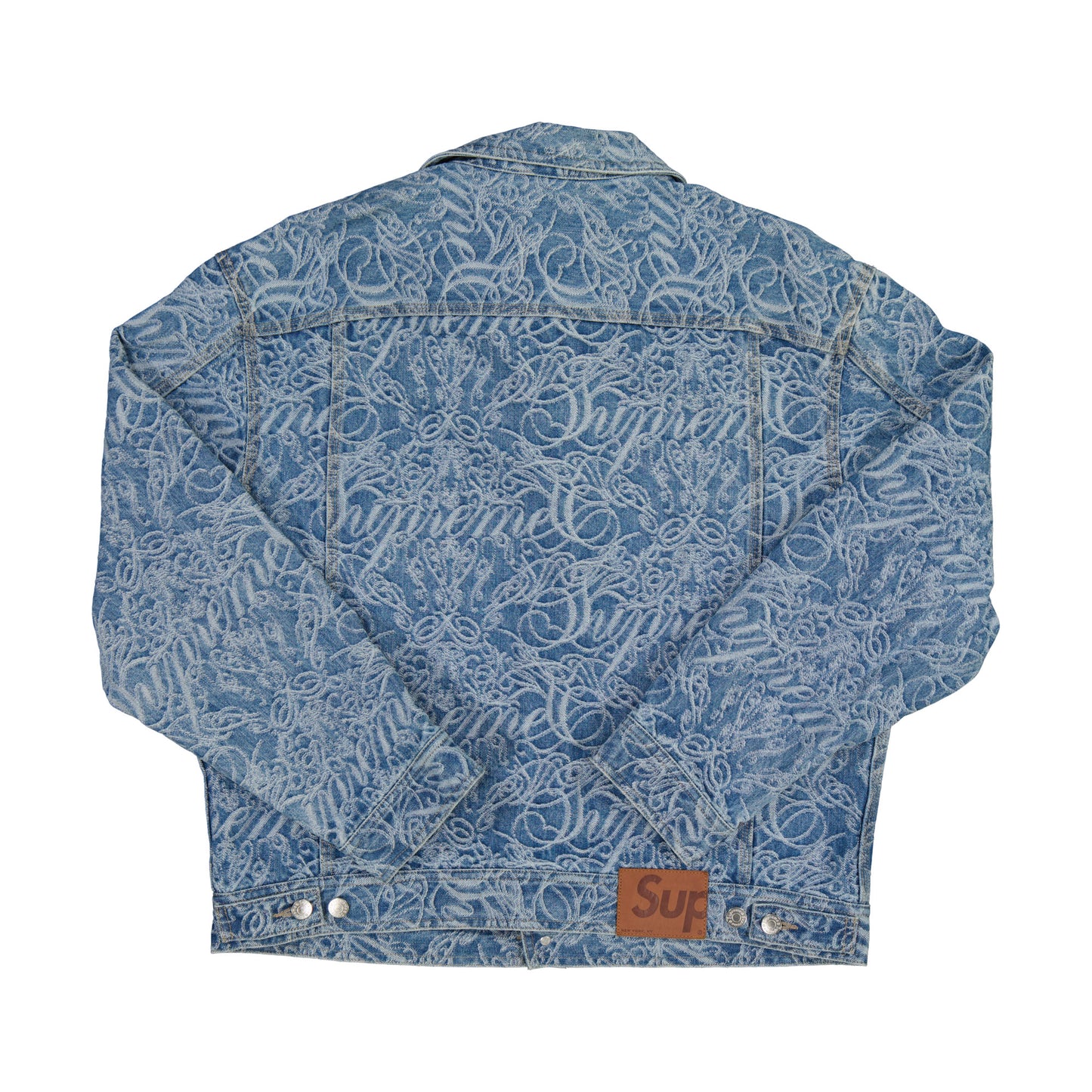 Supreme Script Jacquard Denim Trucker Jacket Washed Blue